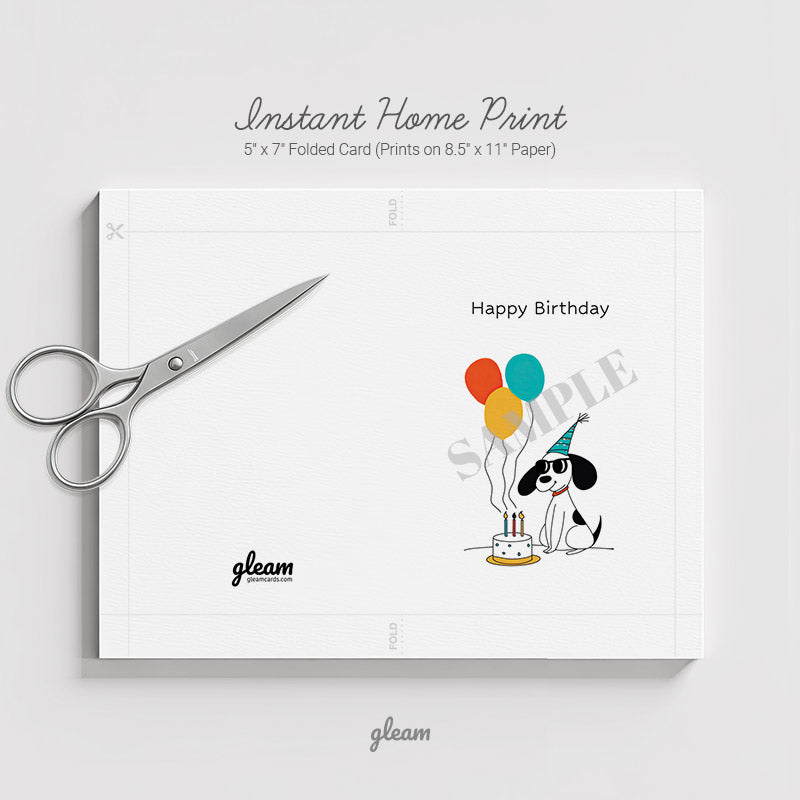 Birthday Card – Dog with Balloons & Cake