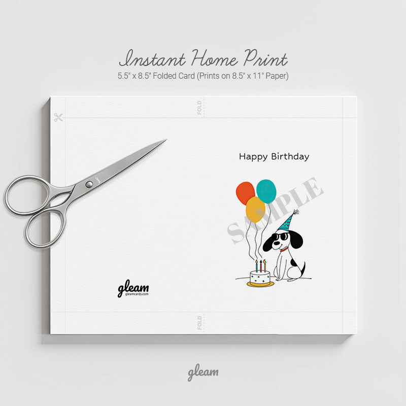 Birthday Card – Dog with Balloons & Cake