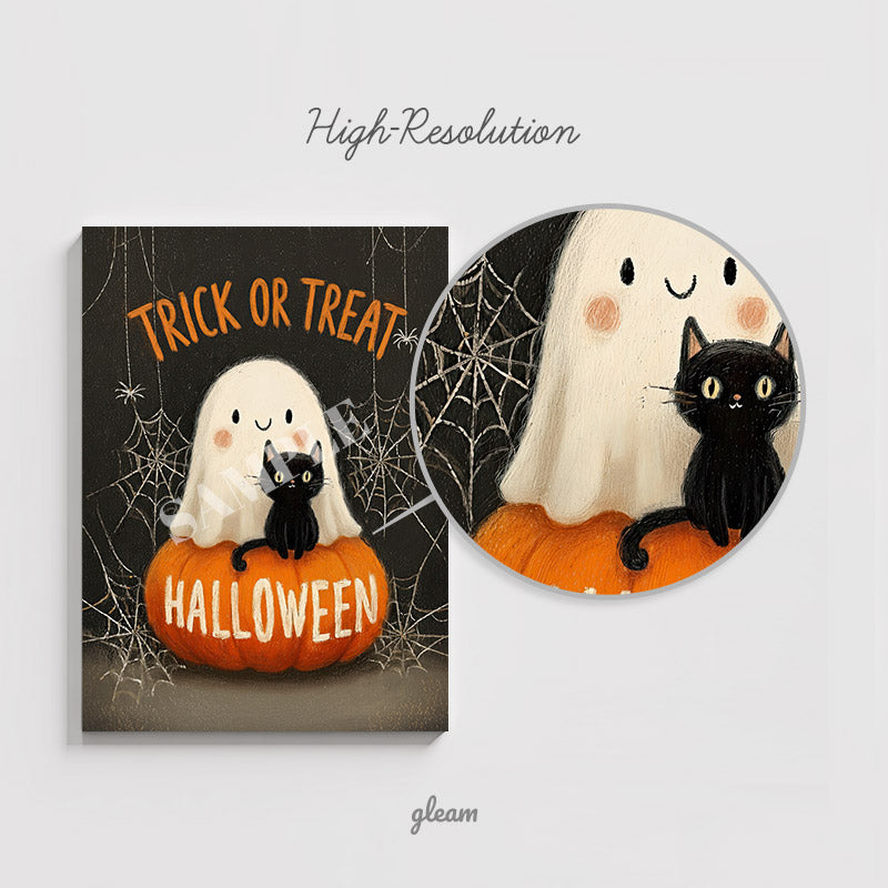 Halloween Card – Ghost & Black Cat on Pumpkin