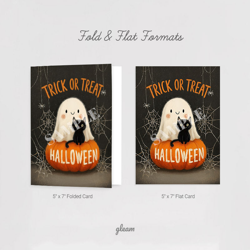 Halloween Card – Ghost & Black Cat on Pumpkin