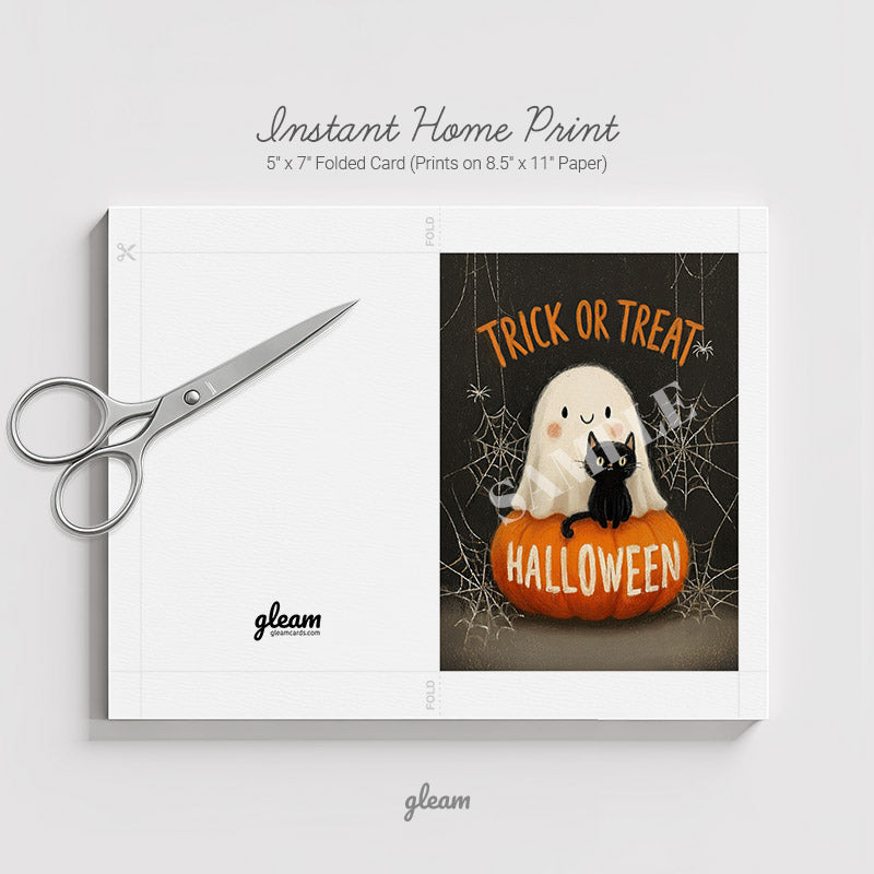 Halloween Card – Ghost & Black Cat on Pumpkin