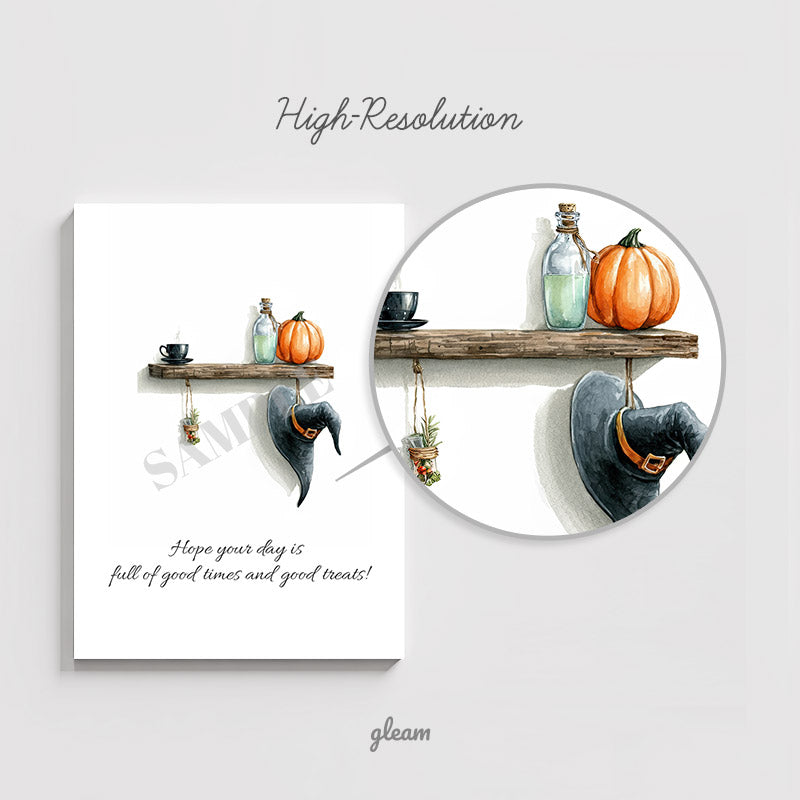 Halloween Card – Witch Hat & Pumpkin Shelf