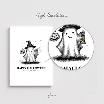 Halloween Card – Ghost with Lantern & Pumpkin