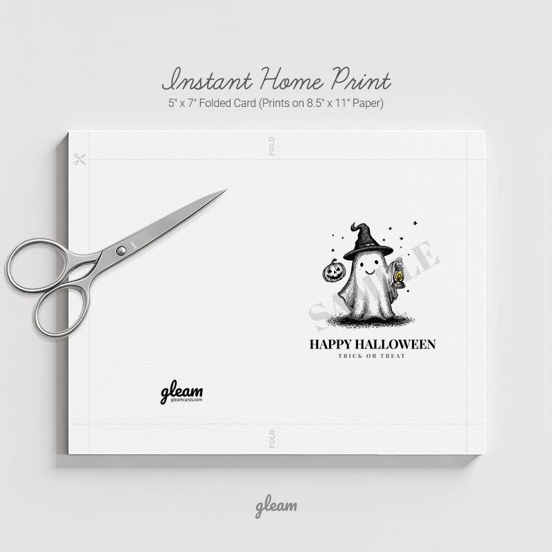 Halloween Card – Ghost with Lantern & Pumpkin