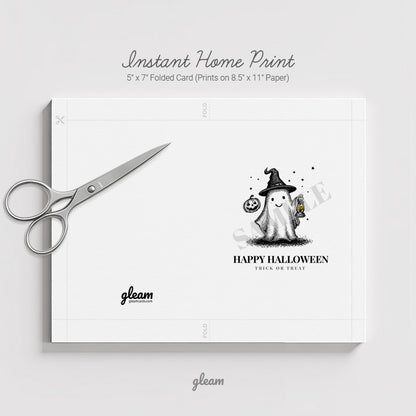 Halloween Card – Ghost with Lantern & Pumpkin