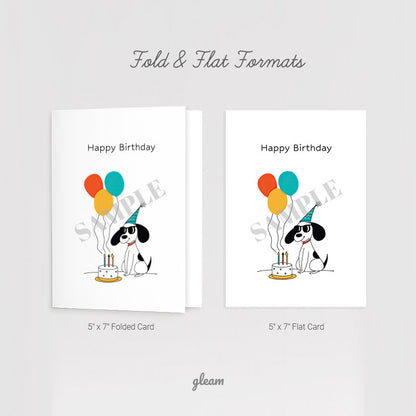 Birthday Card – Dog with Balloons & Cake