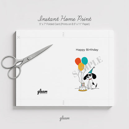 Birthday Card – Dog with Balloons & Cake