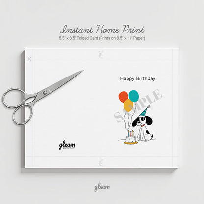 Birthday Card – Dog with Balloons & Cake
