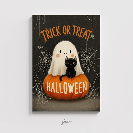 Halloween Card – Ghost & Black Cat on Pumpkin