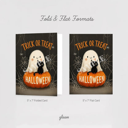 Halloween Card – Ghost & Black Cat on Pumpkin