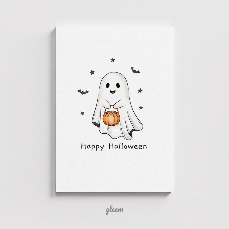 Halloween Card – Cute Ghost with Pumpkin Bucket