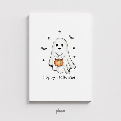 Halloween Card – Cute Ghost with Pumpkin Bucket