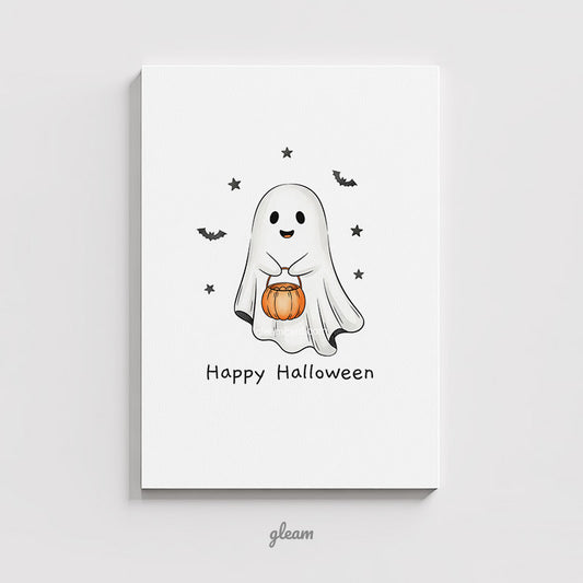 Halloween Card – Cute Ghost with Pumpkin Bucket