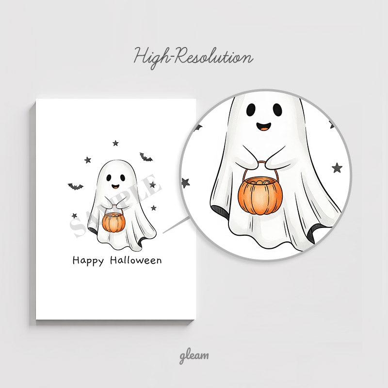 Halloween Card – Cute Ghost with Pumpkin Bucket
