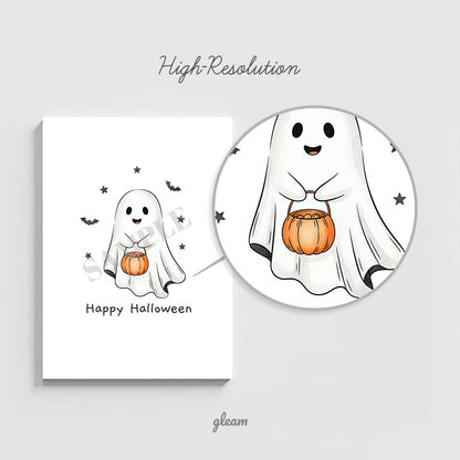 Halloween Card – Cute Ghost with Pumpkin Bucket