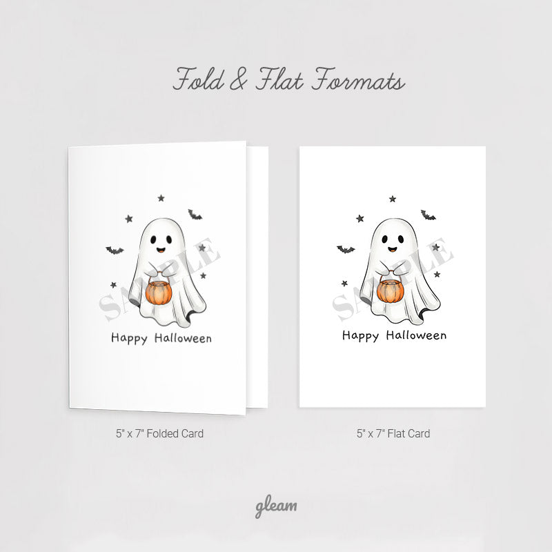 Halloween Card – Cute Ghost with Pumpkin Bucket