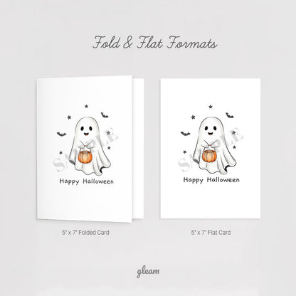 Halloween Card – Cute Ghost with Pumpkin Bucket