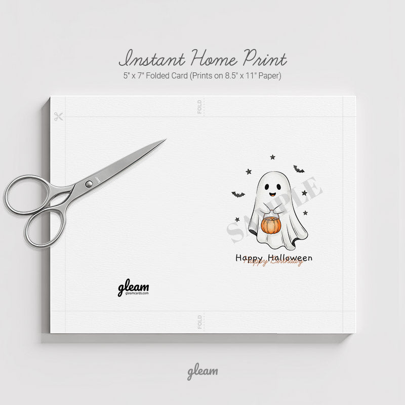 Halloween Card – Cute Ghost with Pumpkin Bucket