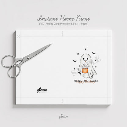Halloween Card – Cute Ghost with Pumpkin Bucket