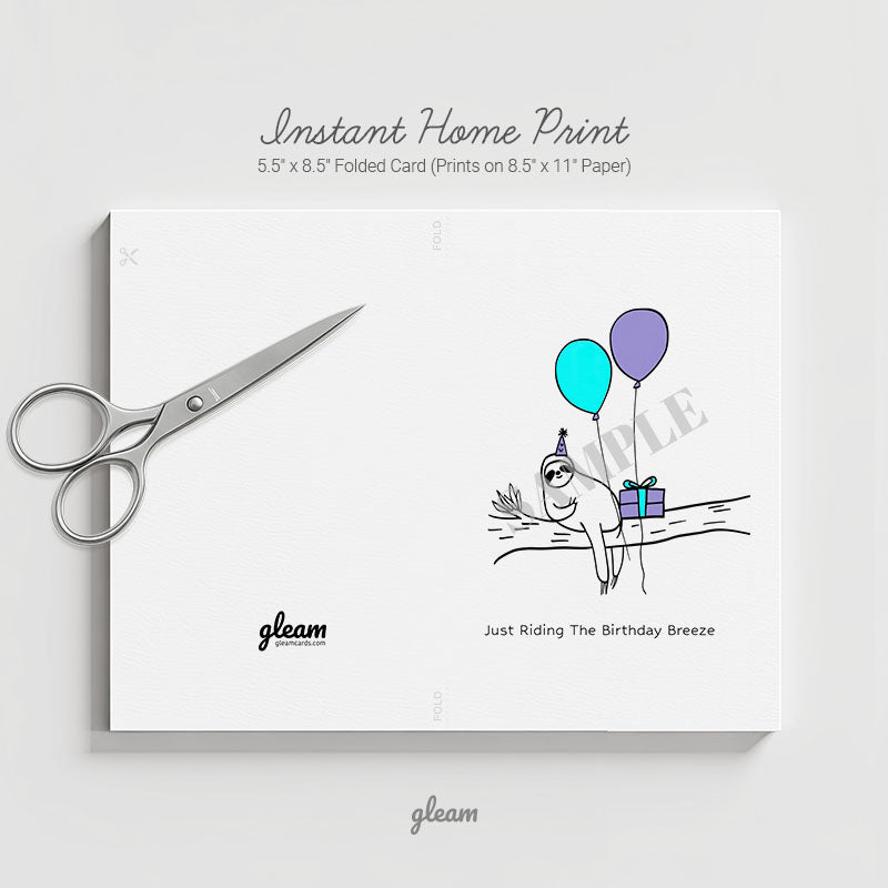 Birthday Card – Sloth with Balloons