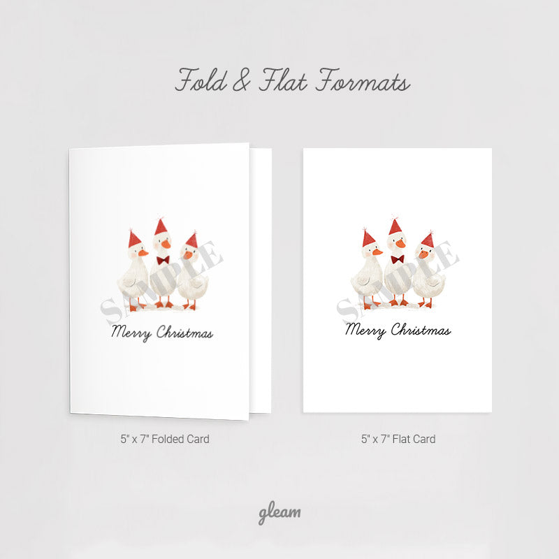 Comparison of five by seven folded card and flat card formats included in the printable cute duck Christmas card download