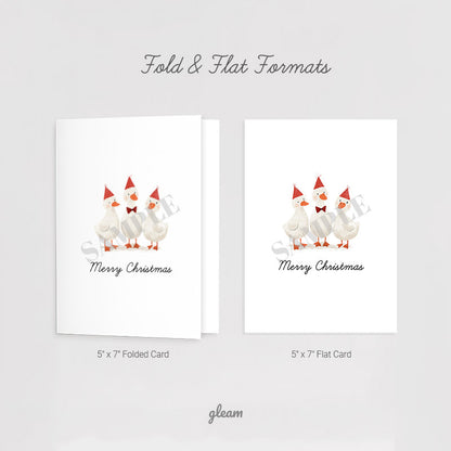 Comparison of five by seven folded card and flat card formats included in the printable cute duck Christmas card download