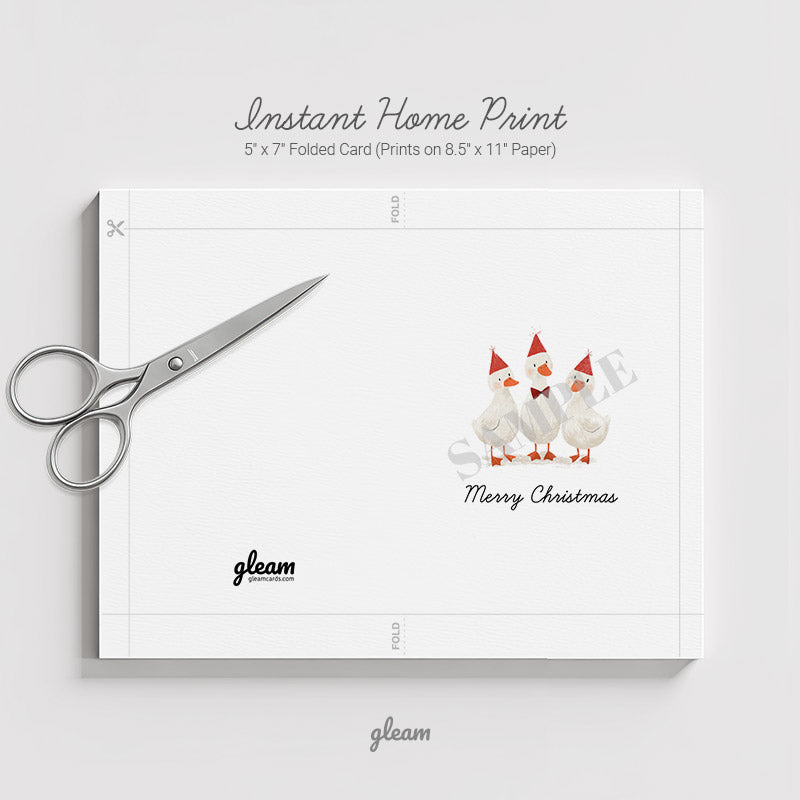 DIY printable Christmas card template with cut lines and fold guides for instant home printing on eight point five by eleven paper