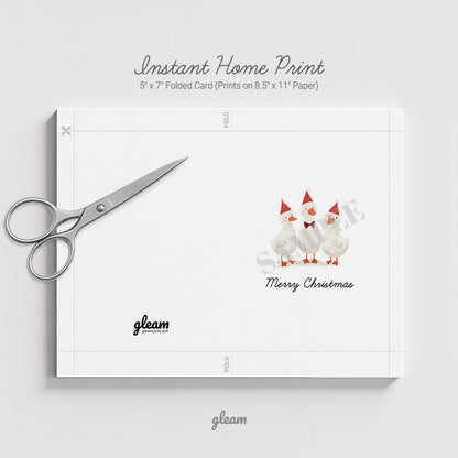 DIY printable Christmas card template with cut lines and fold guides for instant home printing on eight point five by eleven paper