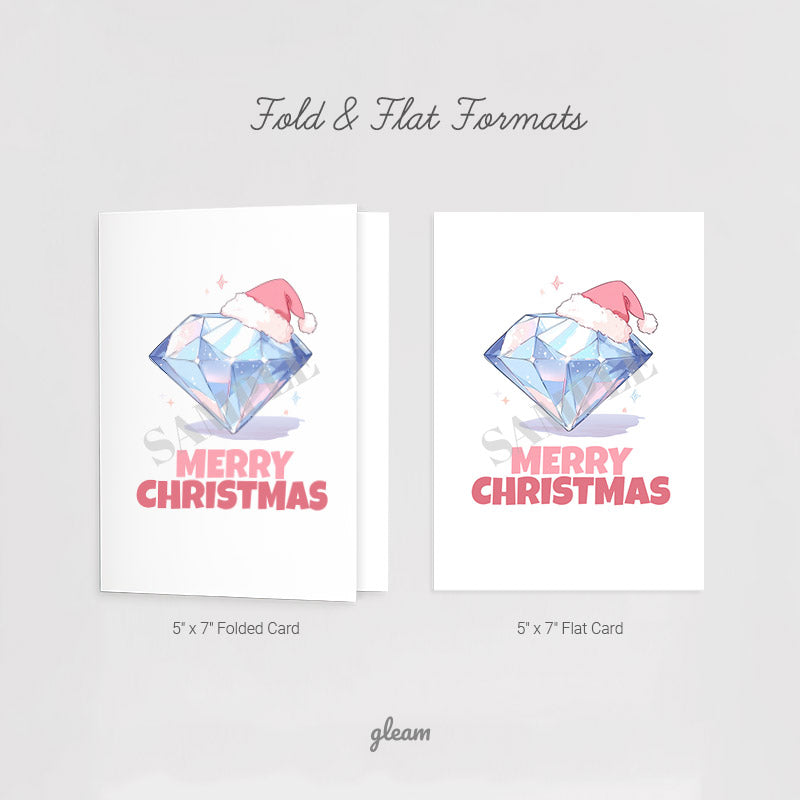 Comparison of five by seven folded card and flat card formats included in the printable diamond Santa hat Christmas card download