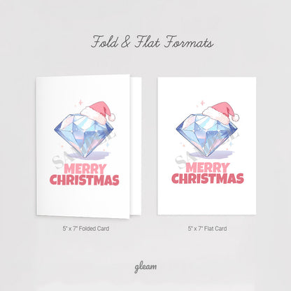 Comparison of five by seven folded card and flat card formats included in the printable diamond Santa hat Christmas card download