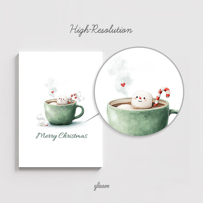 Closeup Detail of Hand-Painted Watercolor Marshmallow Snowman and Candy Cane Illustration