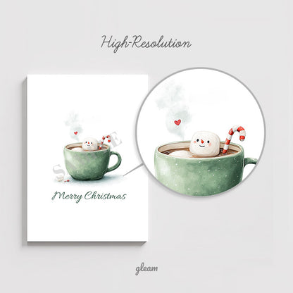 Closeup Detail of Hand-Painted Watercolor Marshmallow Snowman and Candy Cane Illustration