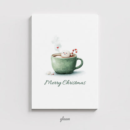 Printable Christmas Card - Cute Marshmallow Snowman in Green Mug - Hot Chocolate Illustration - Instant Download