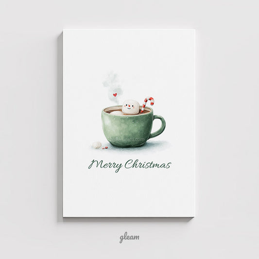 Printable Christmas Card - Cute Marshmallow Snowman in Green Mug - Hot Chocolate Illustration - Instant Download
