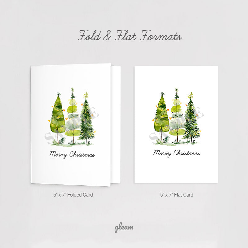 Comparison of 5 x 7 folded card and flat card formats included in the printable Christmas card download