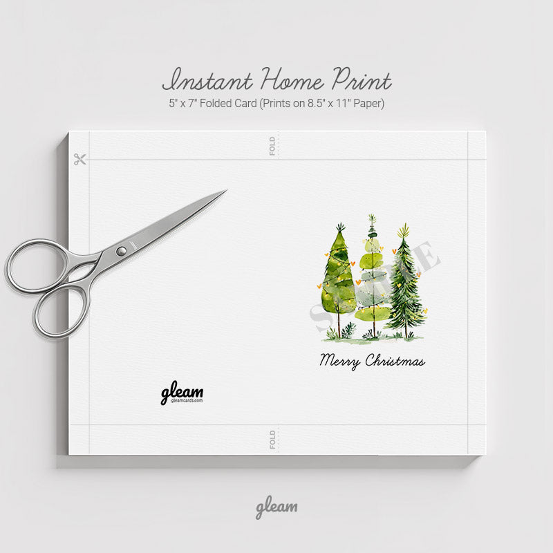 DIY printable Christmas card template with cut and fold lines for instant home printing on 8.5 x 11 paper