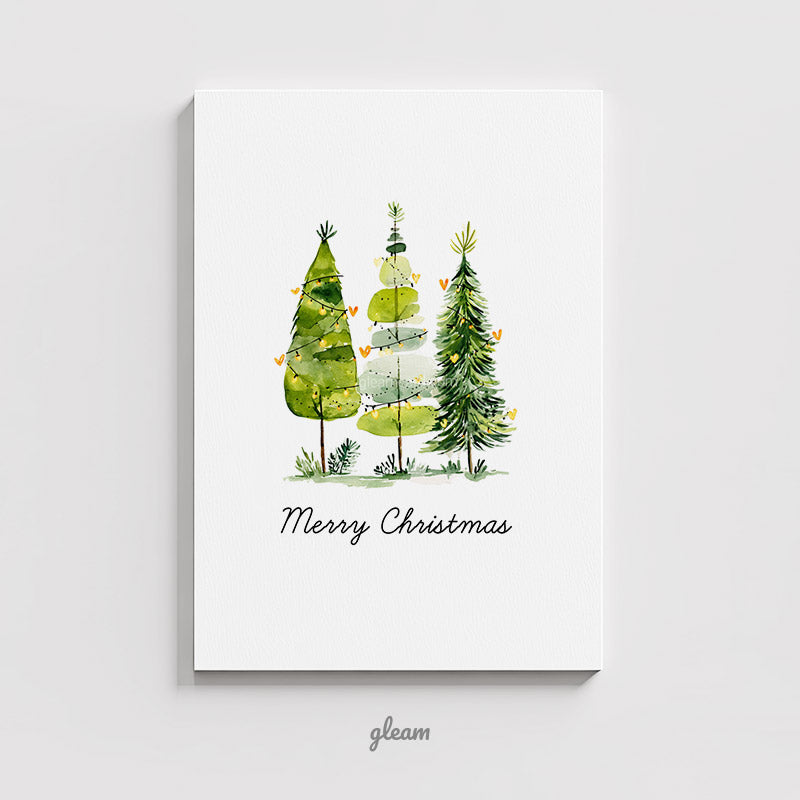 Watercolor trio trees Merry Christmas printable card in soft green tones minimal design by GleamCards