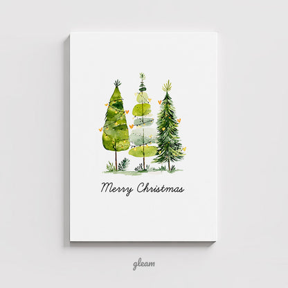 Watercolor trio trees Merry Christmas printable card in soft green tones minimal design by GleamCards