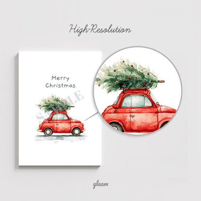 High resolution close up detail showing the soft watercolor texture of the vintage red car illustration