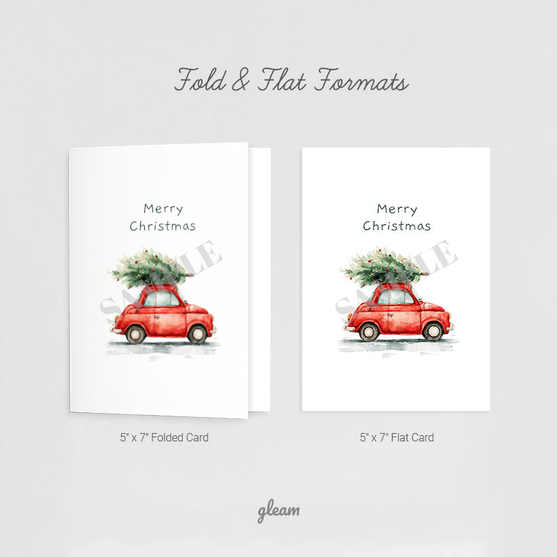 Comparison of five by seven folded card and flat card formats included in the printable vintage red car Christmas card download