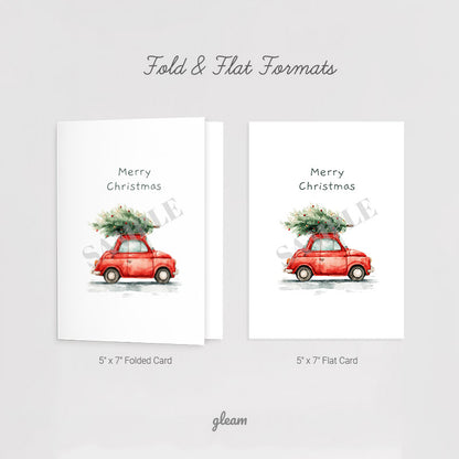 Comparison of five by seven folded card and flat card formats included in the printable vintage red car Christmas card download