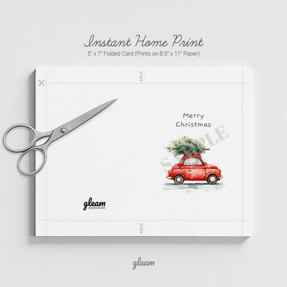 DIY printable Christmas card template with cut lines and fold guides for instant home printing on eight point five by eleven paper