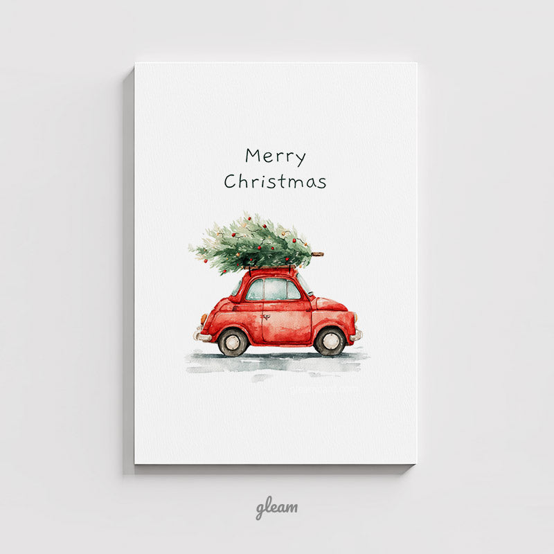 Vintage red car carrying a Christmas tree Merry Christmas printable card design digital download five by seven by GleamCards