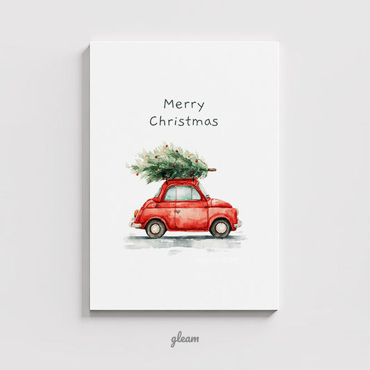 Vintage red car carrying a Christmas tree Merry Christmas printable card design digital download five by seven by GleamCards